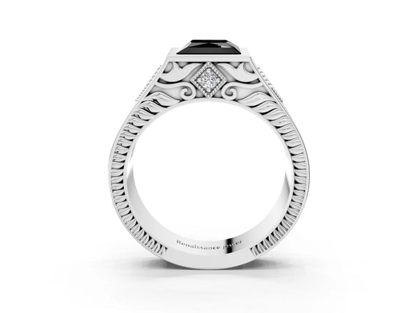 Silver Hexagonal Bezel Fancy Black Princess Cut Diamond Engraved Band Prong Ring