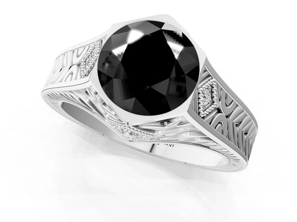 Silver Hexagonal Bezel Fancy Black Round Cut Diamond Engraved Band Prong Ring
