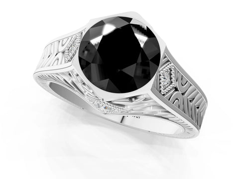 Silver Hexagonal Bezel Fancy Black Round Cut Diamond Engraved Band Prong Ring_13