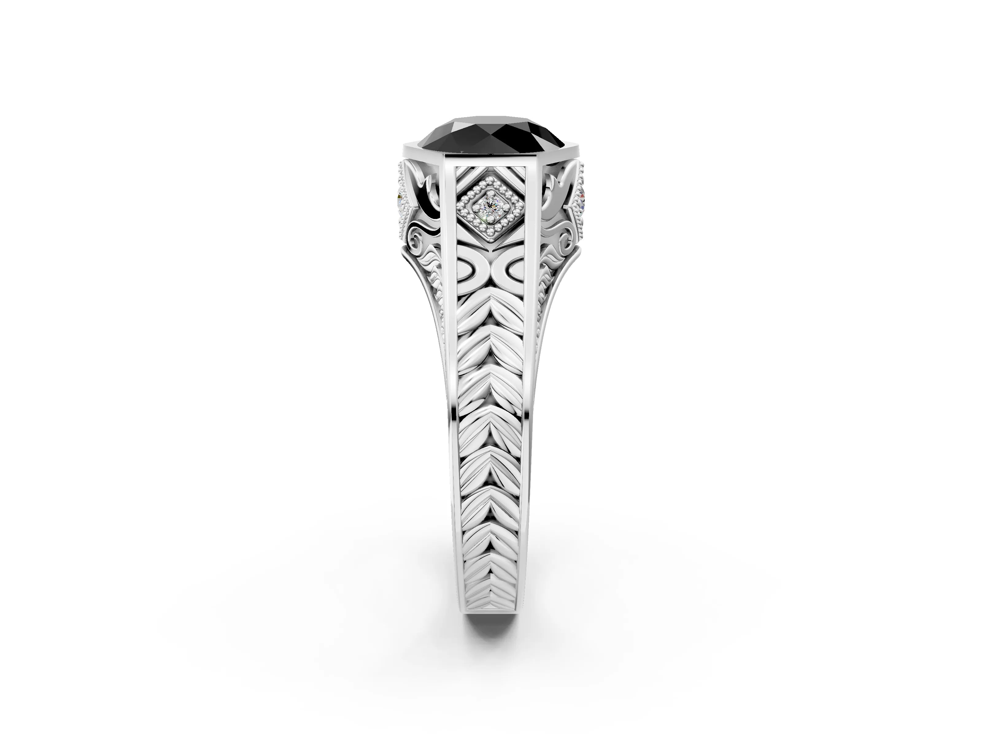 Silver Hexagonal Bezel Fancy Black Round Cut Diamond Engraved Band Prong Ring_14