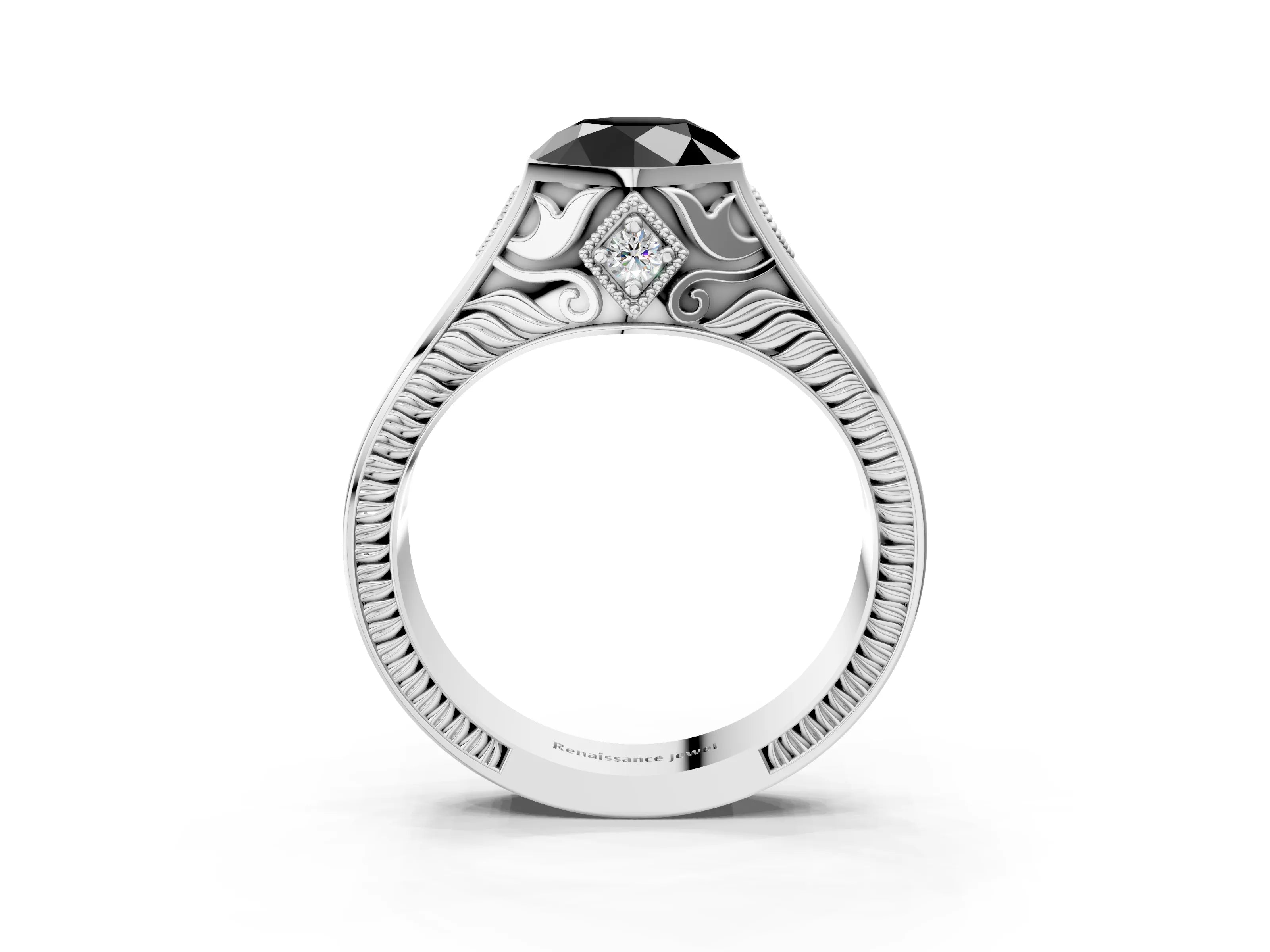Silver Hexagonal Bezel Fancy Black Round Cut Diamond Engraved Band Prong Ring_15