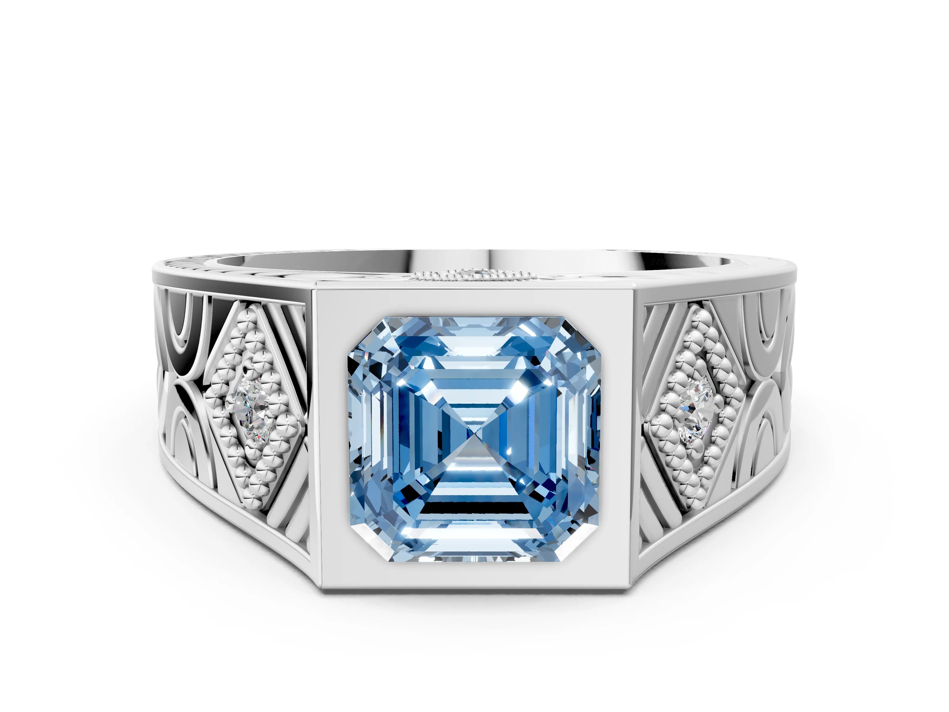 Silver Hexagonal Bezel Fancy Blue Asscher Cut Diamond Engraved Band Prong Ring_12