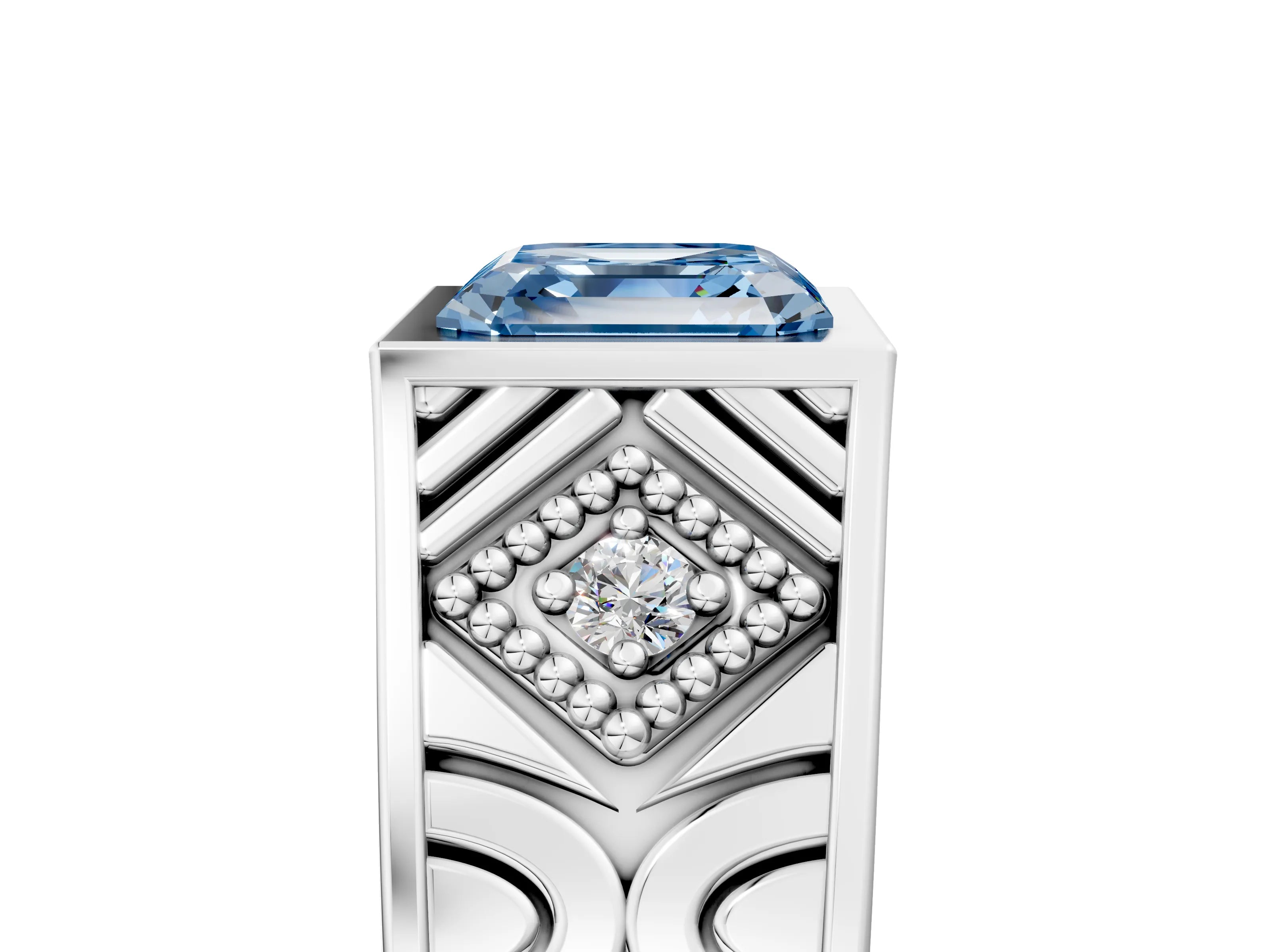 Silver Hexagonal Bezel Fancy Blue Asscher Cut Diamond Engraved Band Prong Ring_17