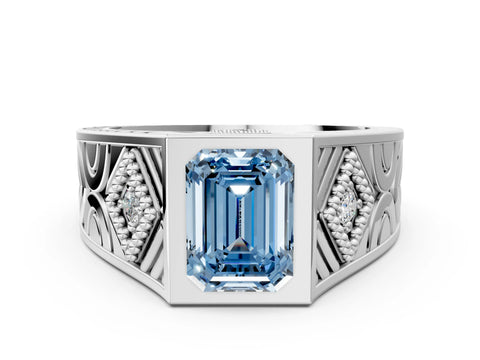 Silver Hexagonal Bezel Fancy Blue Emerald Cut Diamond Engraved Band Prong Ring_12