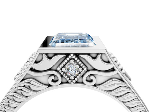 Silver Hexagonal Bezel Fancy Blue Emerald Cut Diamond Engraved Band Prong Ring_16