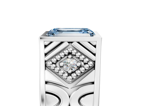 Silver Hexagonal Bezel Fancy Blue Emerald Cut Diamond Engraved Band Prong Ring_17