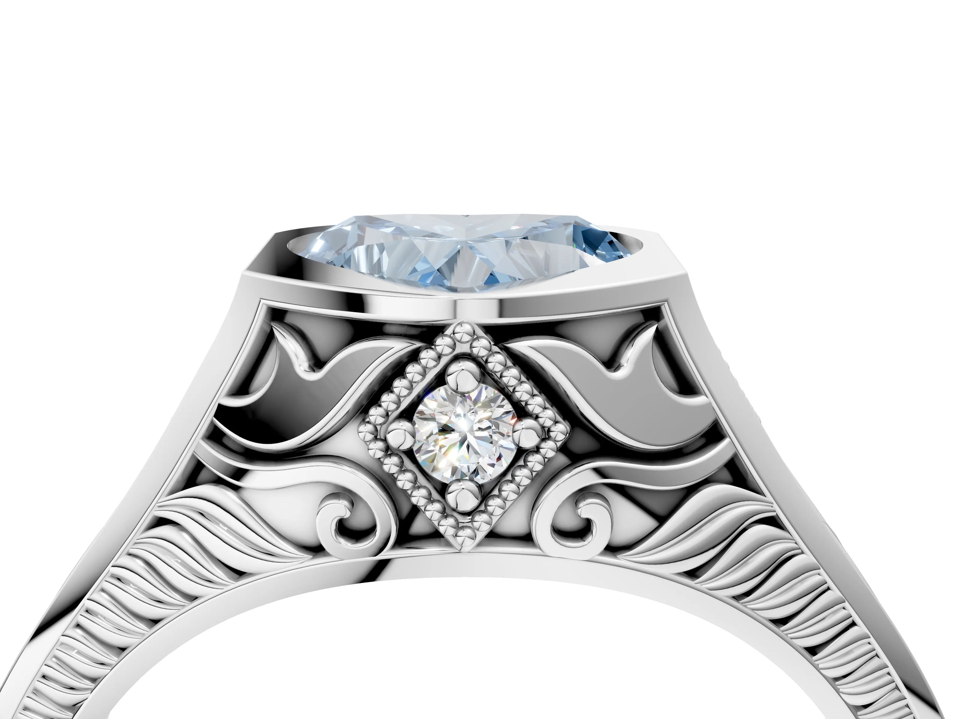 Silver Hexagonal Bezel Fancy Blue Heart Cut Diamond Engraved Band Prong Ring_10