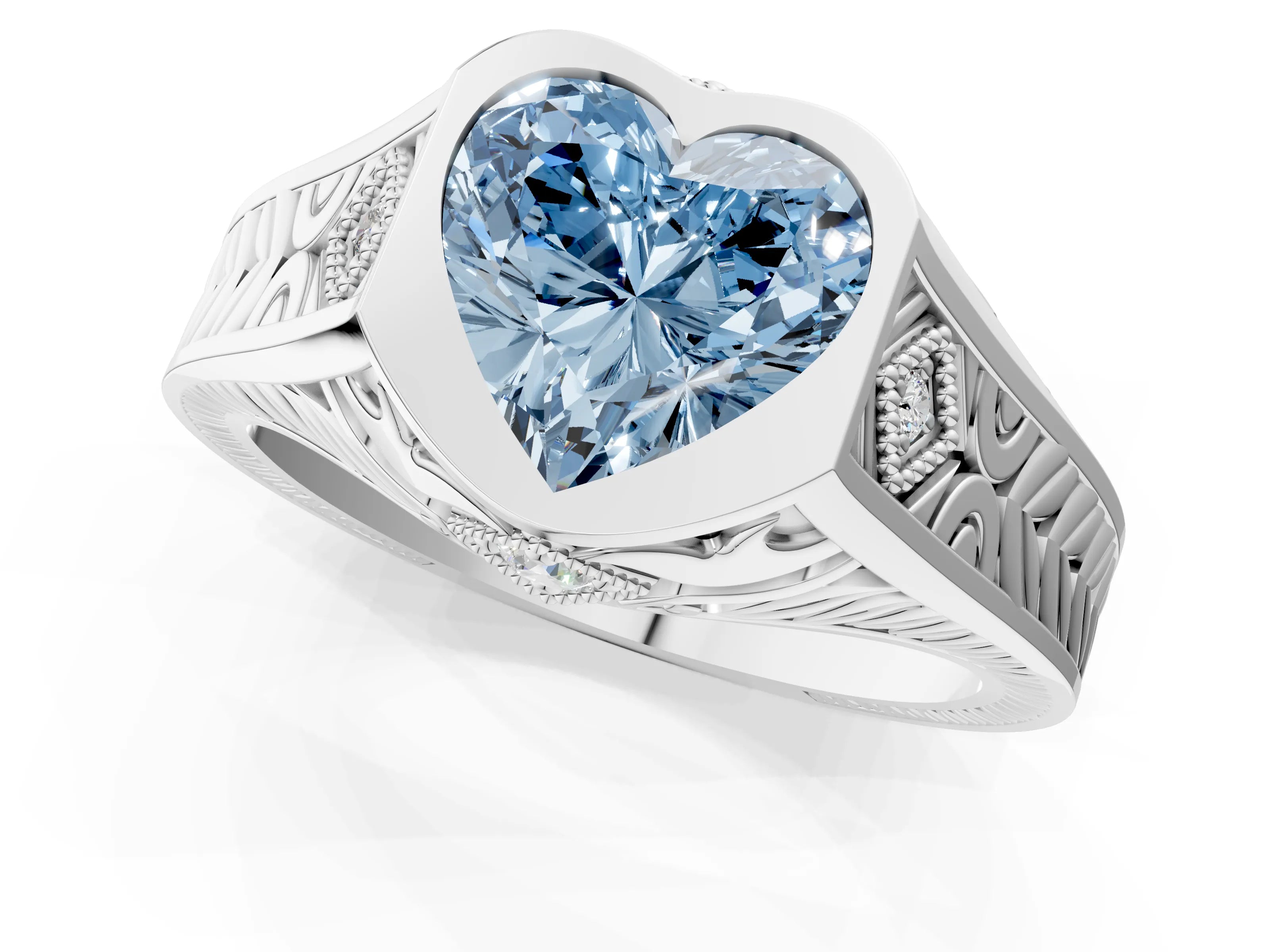 Silver Hexagonal Bezel Fancy Blue Heart Cut Diamond Engraved Band Prong Ring_7