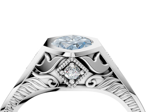 Silver Hexagonal Bezel Fancy Blue Marquise Cut Diamond Engraved Band Prong Ring_16