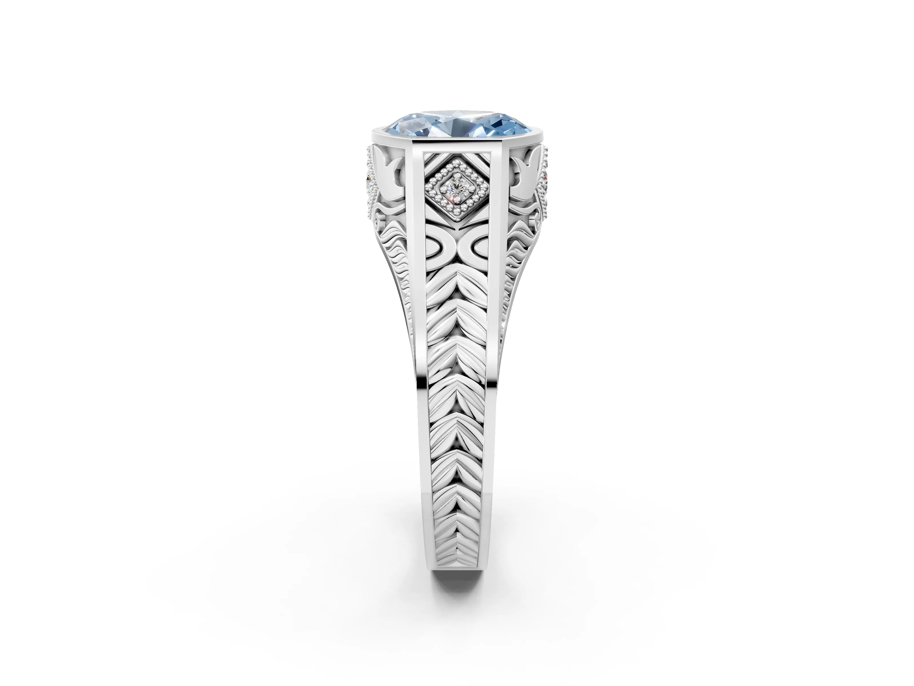 Silver Hexagonal Bezel Fancy Blue Oval Cut Diamond Engraved Band Prong Ring_62