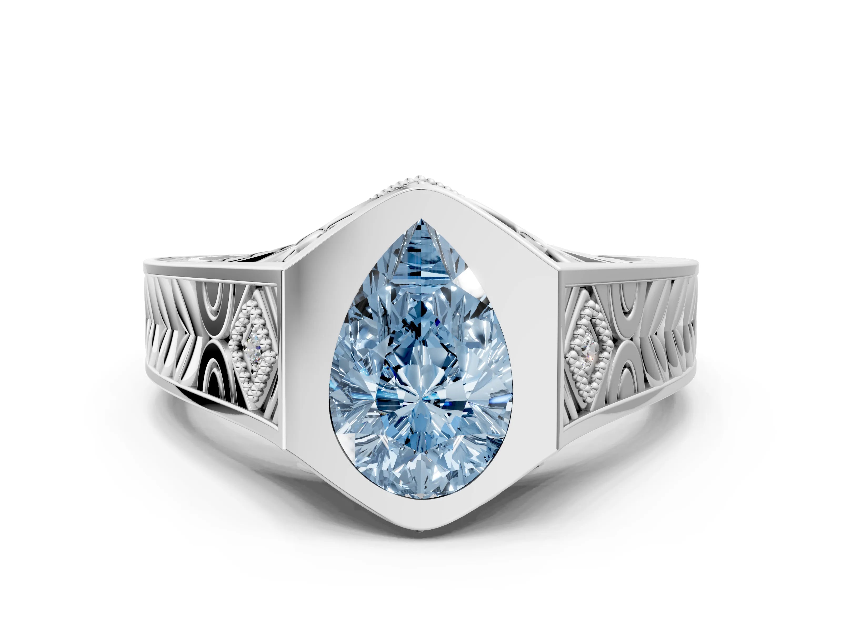Silver Hexagonal Bezel Fancy Blue Pear Cut Diamond Engraved Band Prong Ring_84