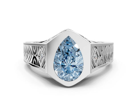 Silver Hexagonal Bezel Fancy Blue Pear Cut Diamond Engraved Band Prong Ring_84