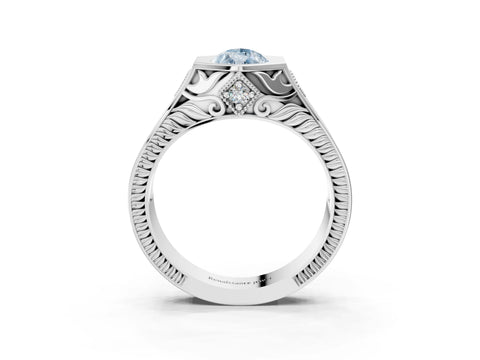 Silver Hexagonal Bezel Fancy Blue Pear Cut Diamond Engraved Band Prong Ring_87