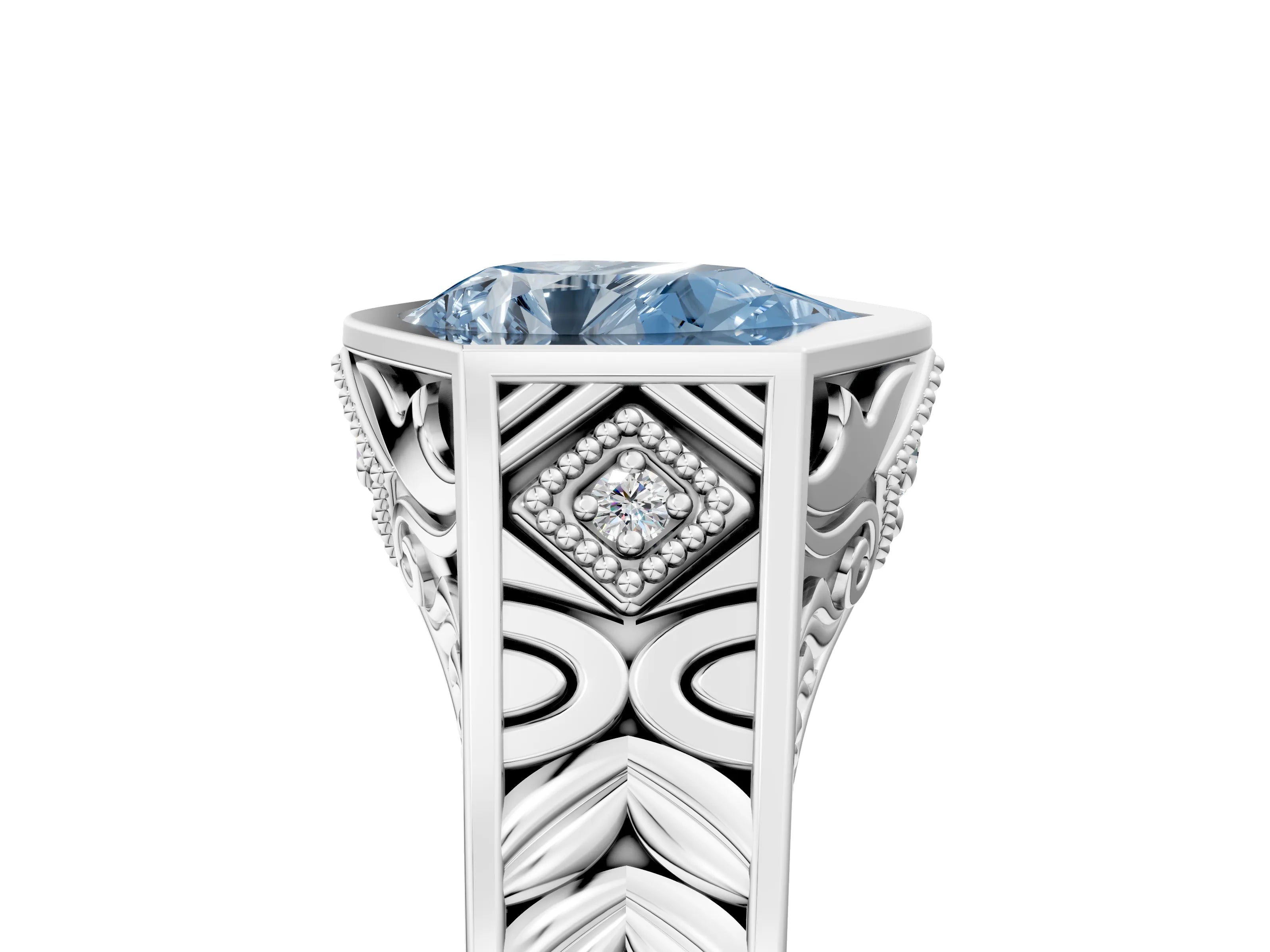 Silver Hexagonal Bezel Fancy Blue Pear Cut Diamond Engraved Band Prong Ring_89