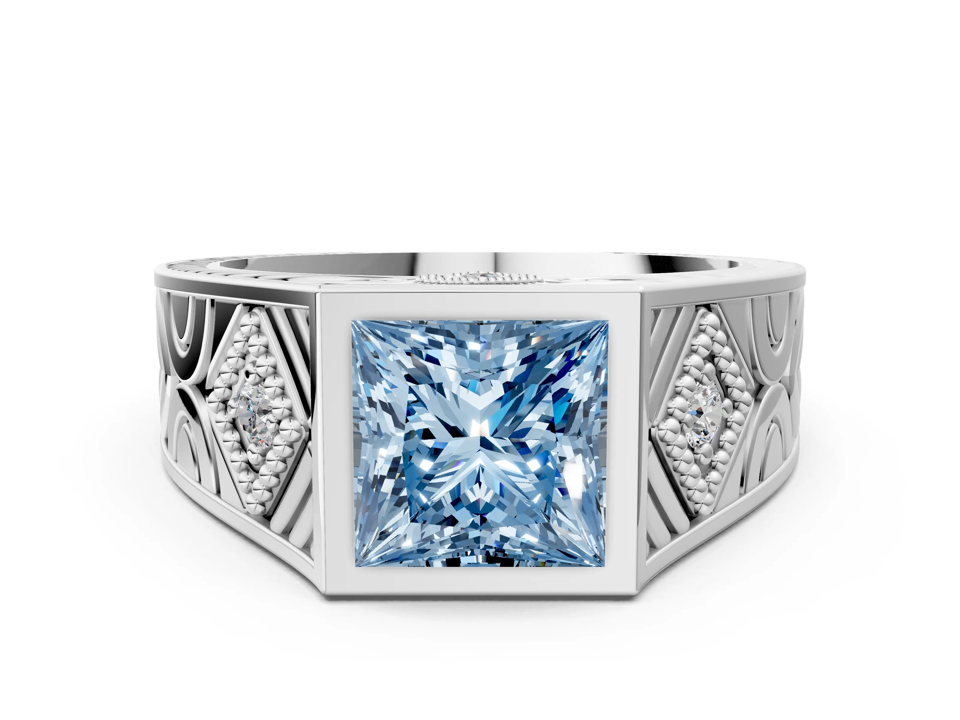 Silver Hexagonal Bezel Fancy Blue Princess Cut Diamond Engraved Band Prong Ring_36