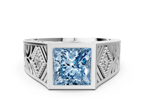 Silver Hexagonal Bezel Fancy Blue Princess Cut Diamond Engraved Band Prong Ring_36