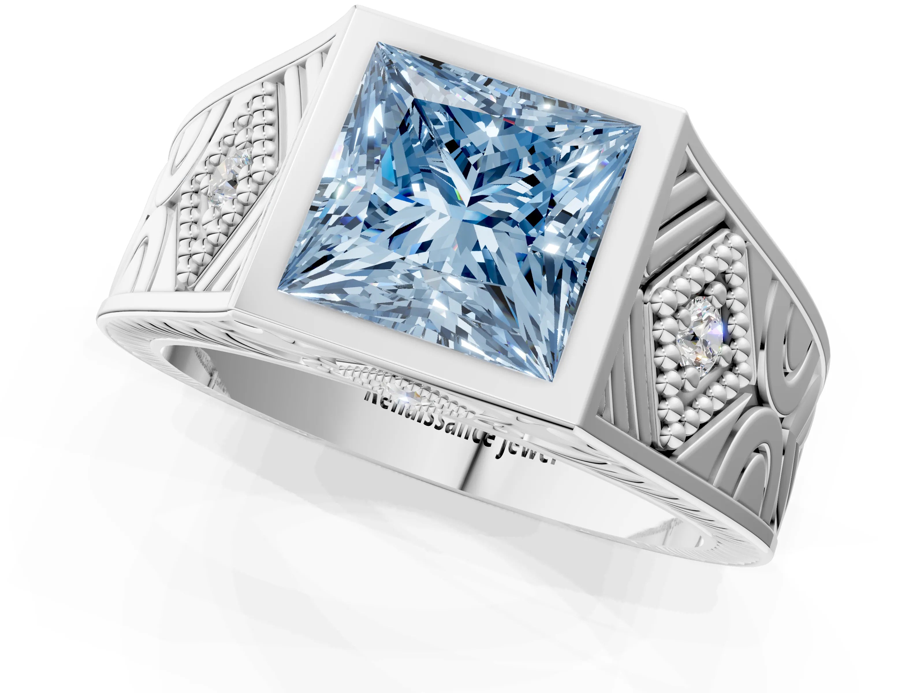 Silver Hexagonal Bezel Fancy Blue Princess Cut Diamond Engraved Band Prong Ring_37
