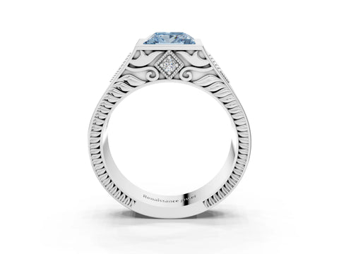 Silver Hexagonal Bezel Fancy Blue Princess Cut Diamond Engraved Band Prong Ring_39