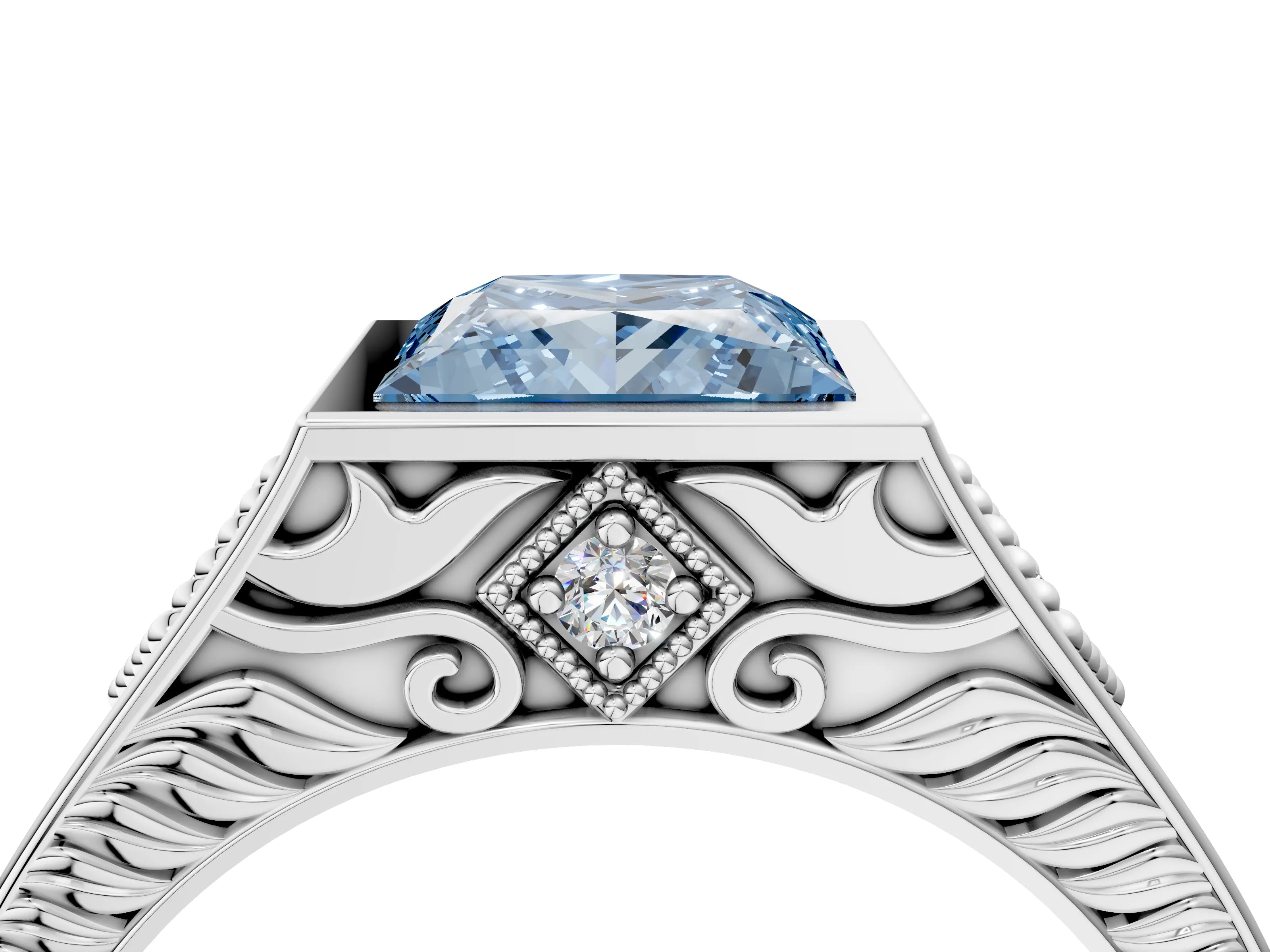 Silver Hexagonal Bezel Fancy Blue Princess Cut Diamond Engraved Band Prong Ring_40