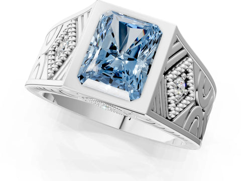 Silver Hexagonal Bezel Fancy Blue Radiant Cut Diamond Engraved Band Prong Ring_13