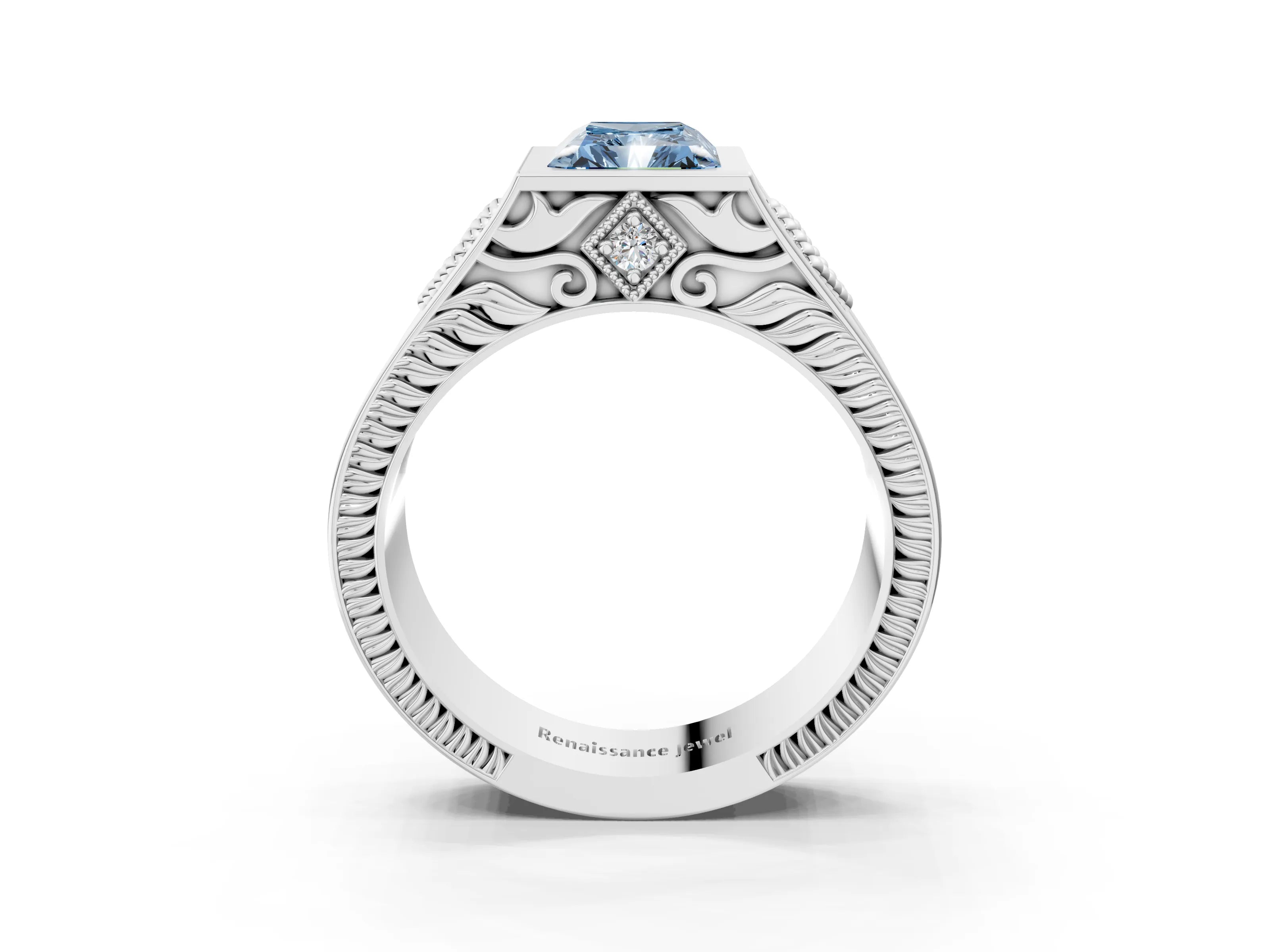 Silver Hexagonal Bezel Fancy Blue Radiant Cut Diamond Engraved Band Prong Ring_15
