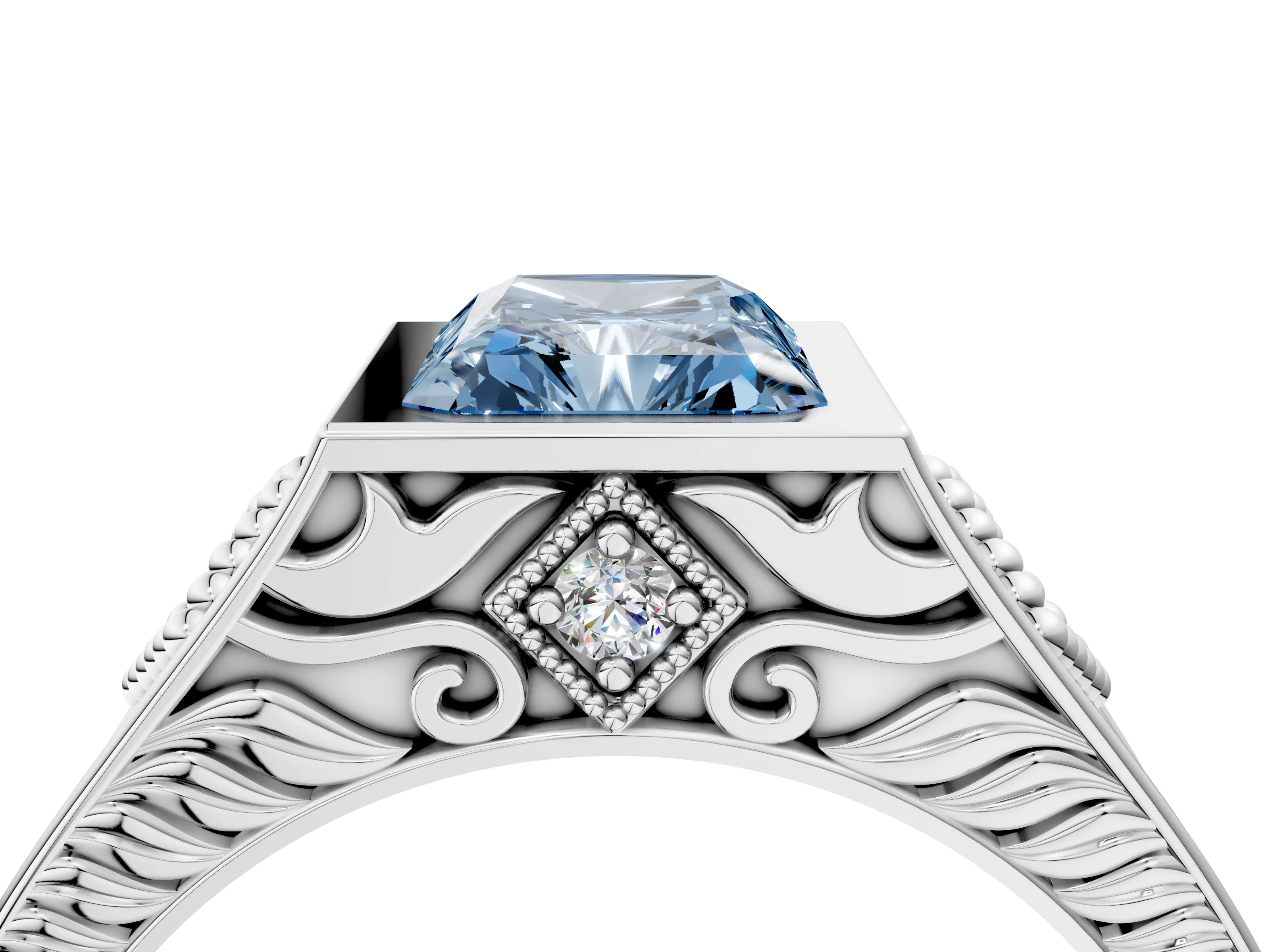 Silver Hexagonal Bezel Fancy Blue Radiant Cut Diamond Engraved Band Prong Ring_16