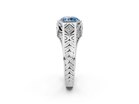 Silver Hexagonal Bezel Fancy Blue Round Cut Diamond Engraved Band Prong Ring_38