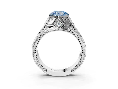 Silver Hexagonal Bezel Fancy Blue Round Cut Diamond Engraved Band Prong Ring_39