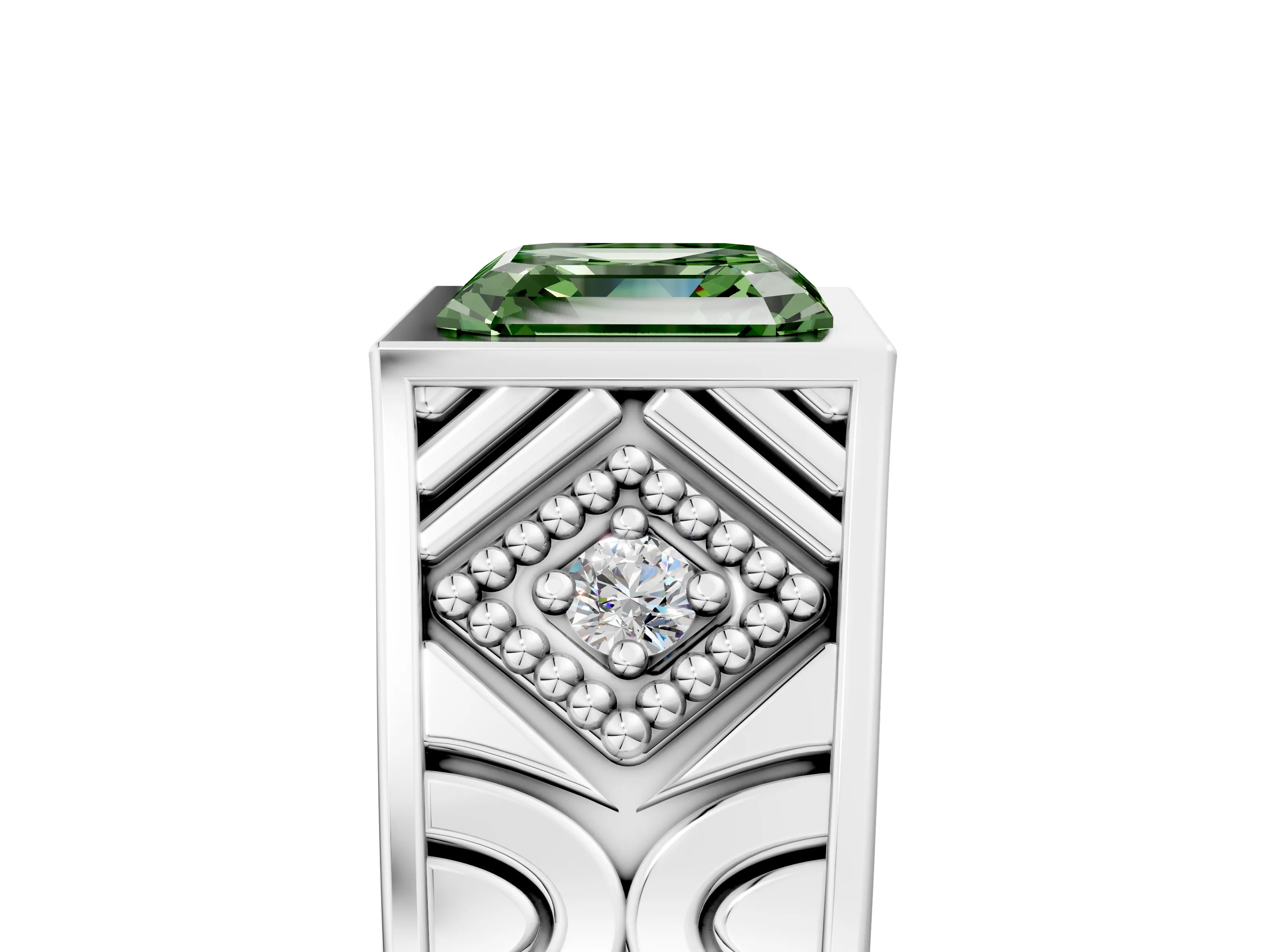 Silver Hexagonal Bezel Fancy Green Asscher Cut Diamond Engraved Band Prong Ring_17
