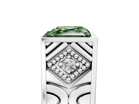 Silver Hexagonal Bezel Fancy Green Asscher Cut Diamond Engraved Band Prong Ring_17
