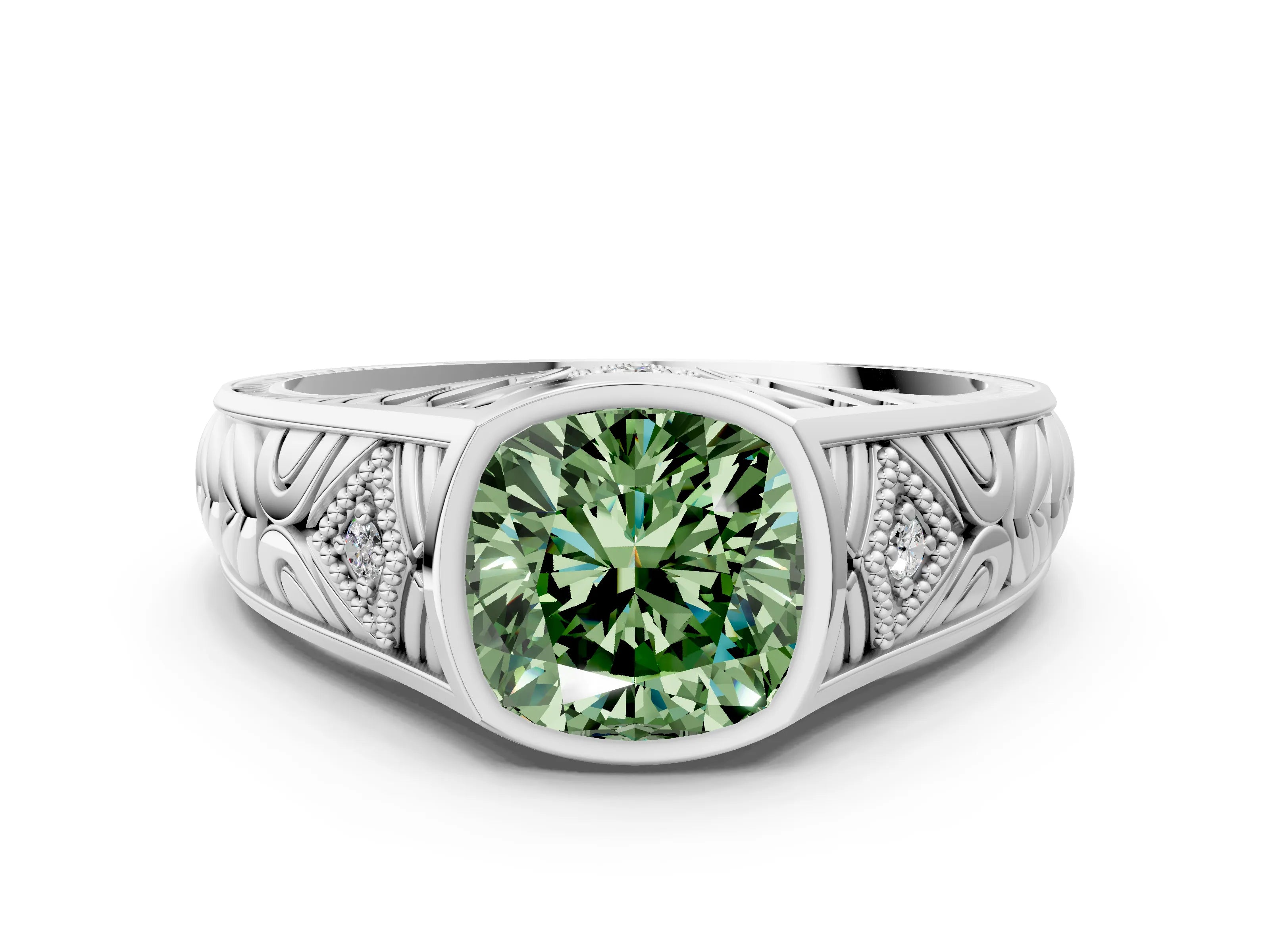 Silver Hexagonal Bezel Fancy Green Cushion Cut Diamond Engraved Band Prong Ring_30