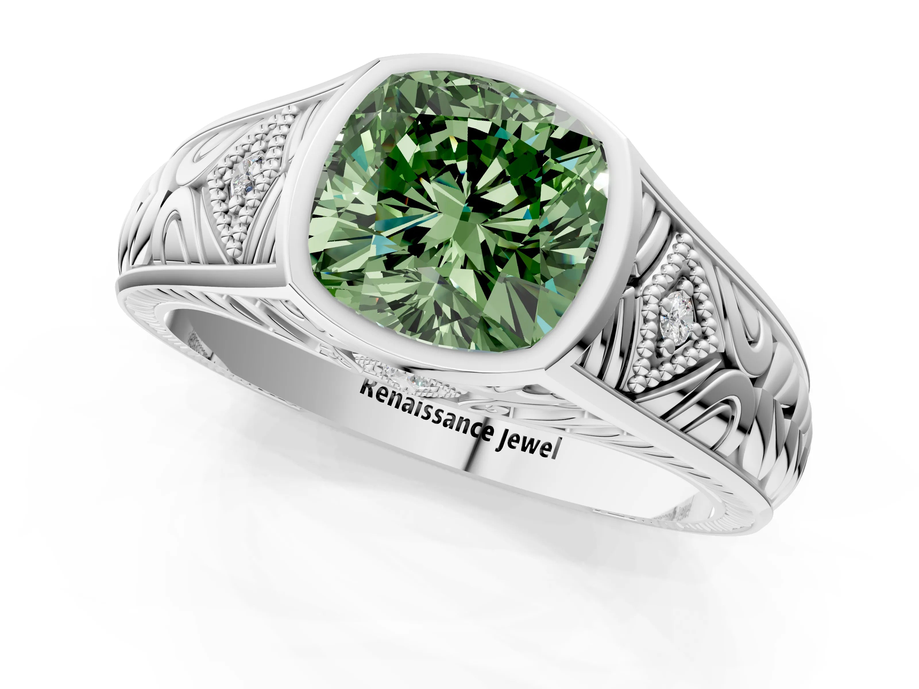 Silver Hexagonal Bezel Fancy Green Cushion Cut Diamond Engraved Band Prong Ring_31