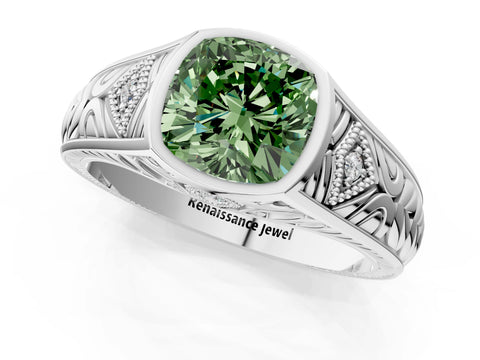 Silver Hexagonal Bezel Fancy Green Cushion Cut Diamond Engraved Band Prong Ring_31