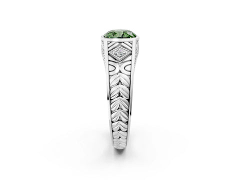 Silver Hexagonal Bezel Fancy Green Cushion Cut Diamond Engraved Band Prong Ring_32