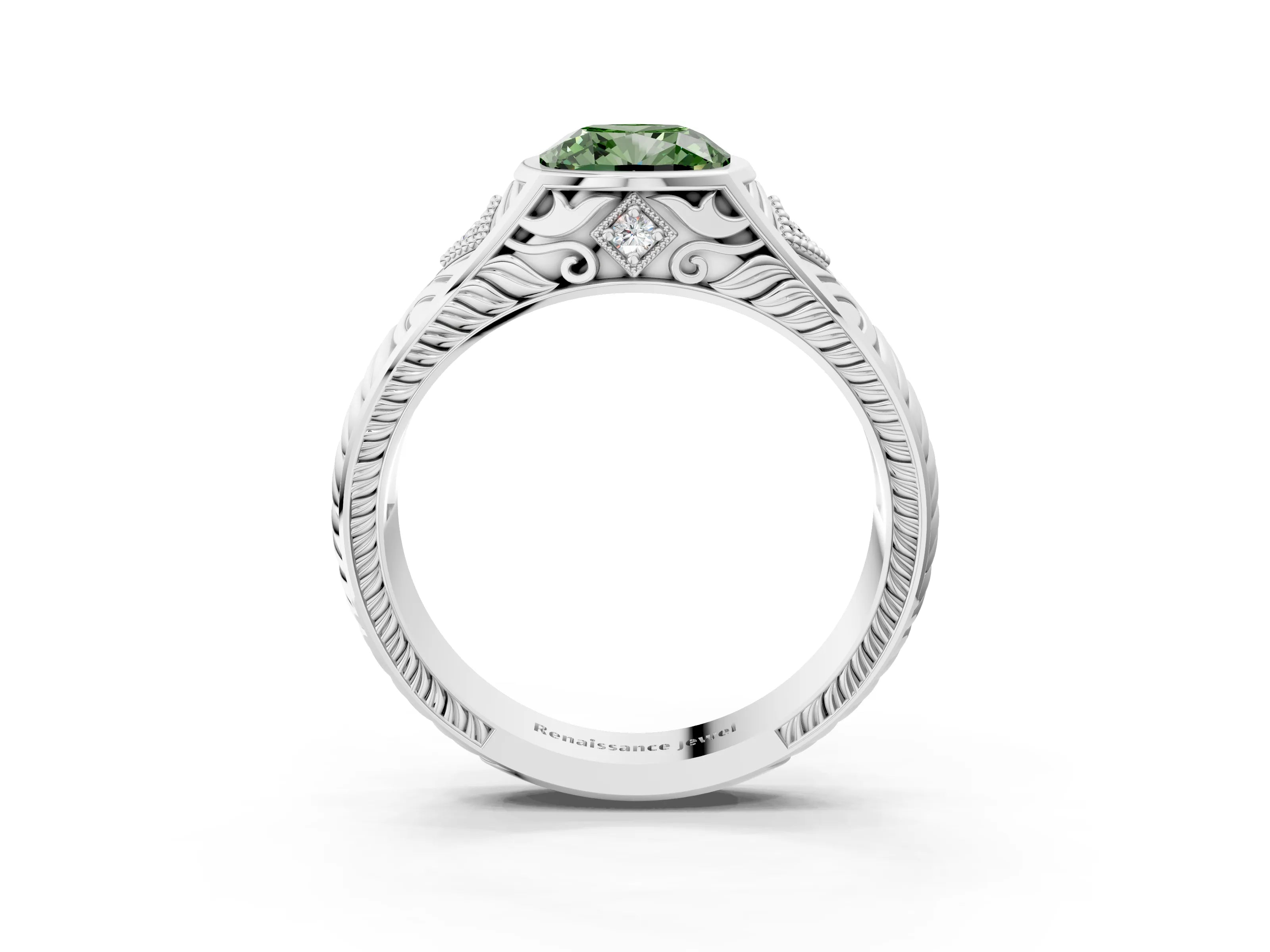 Silver Hexagonal Bezel Fancy Green Cushion Cut Diamond Engraved Band Prong Ring_33
