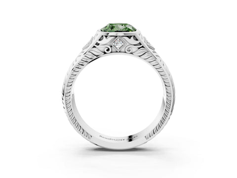Silver Hexagonal Bezel Fancy Green Cushion Cut Diamond Engraved Band Prong Ring_33