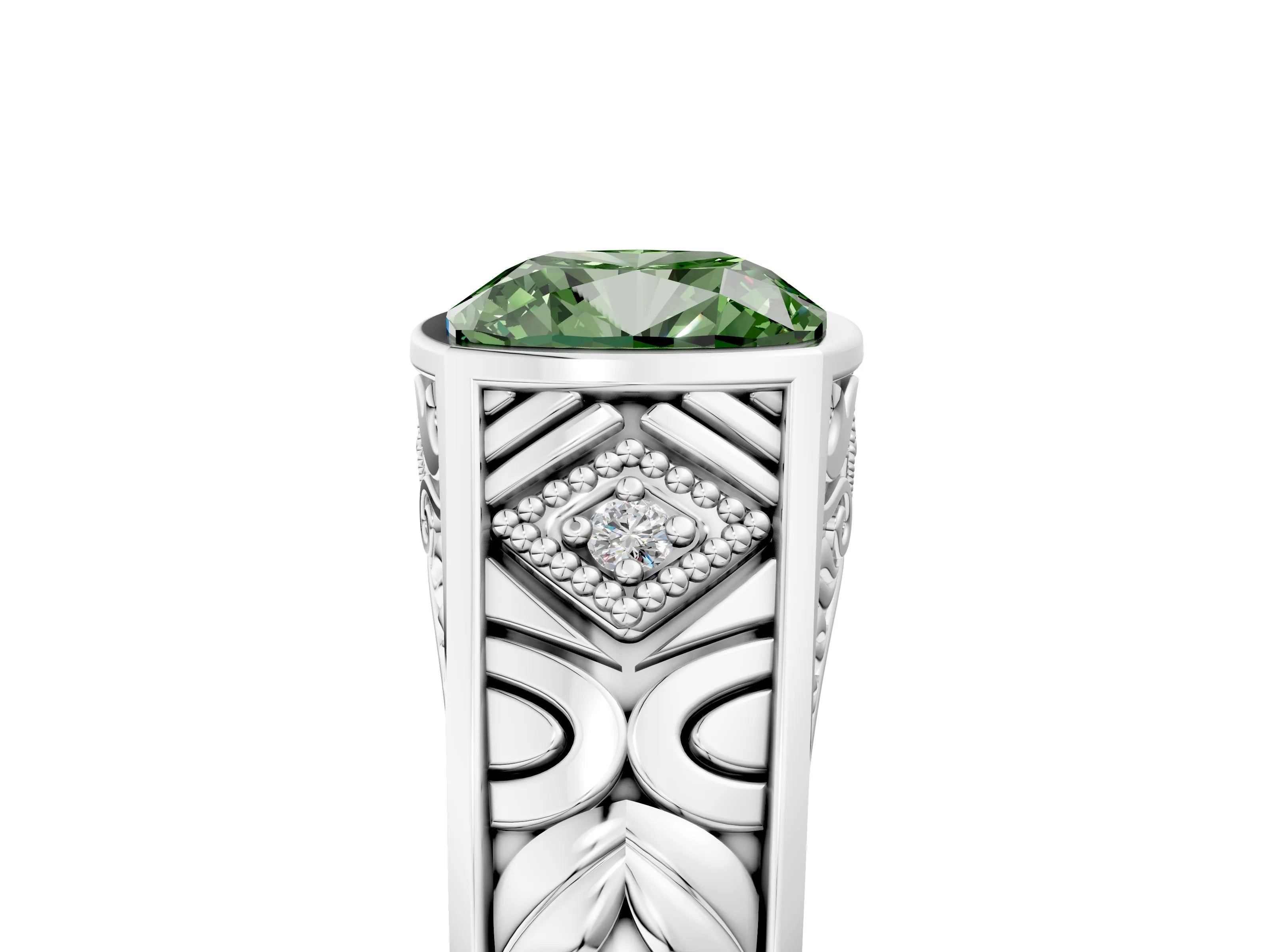Silver Hexagonal Bezel Fancy Green Cushion Cut Diamond Engraved Band Prong Ring_35