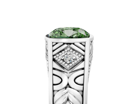 Silver Hexagonal Bezel Fancy Green Cushion Cut Diamond Engraved Band Prong Ring_35