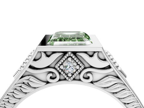 Silver Hexagonal Bezel Fancy Green Emerald Cut Diamond Engraved Band Prong Ring_10