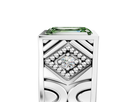 Silver Hexagonal Bezel Fancy Green Emerald Cut Diamond Engraved Band Prong Ring_11