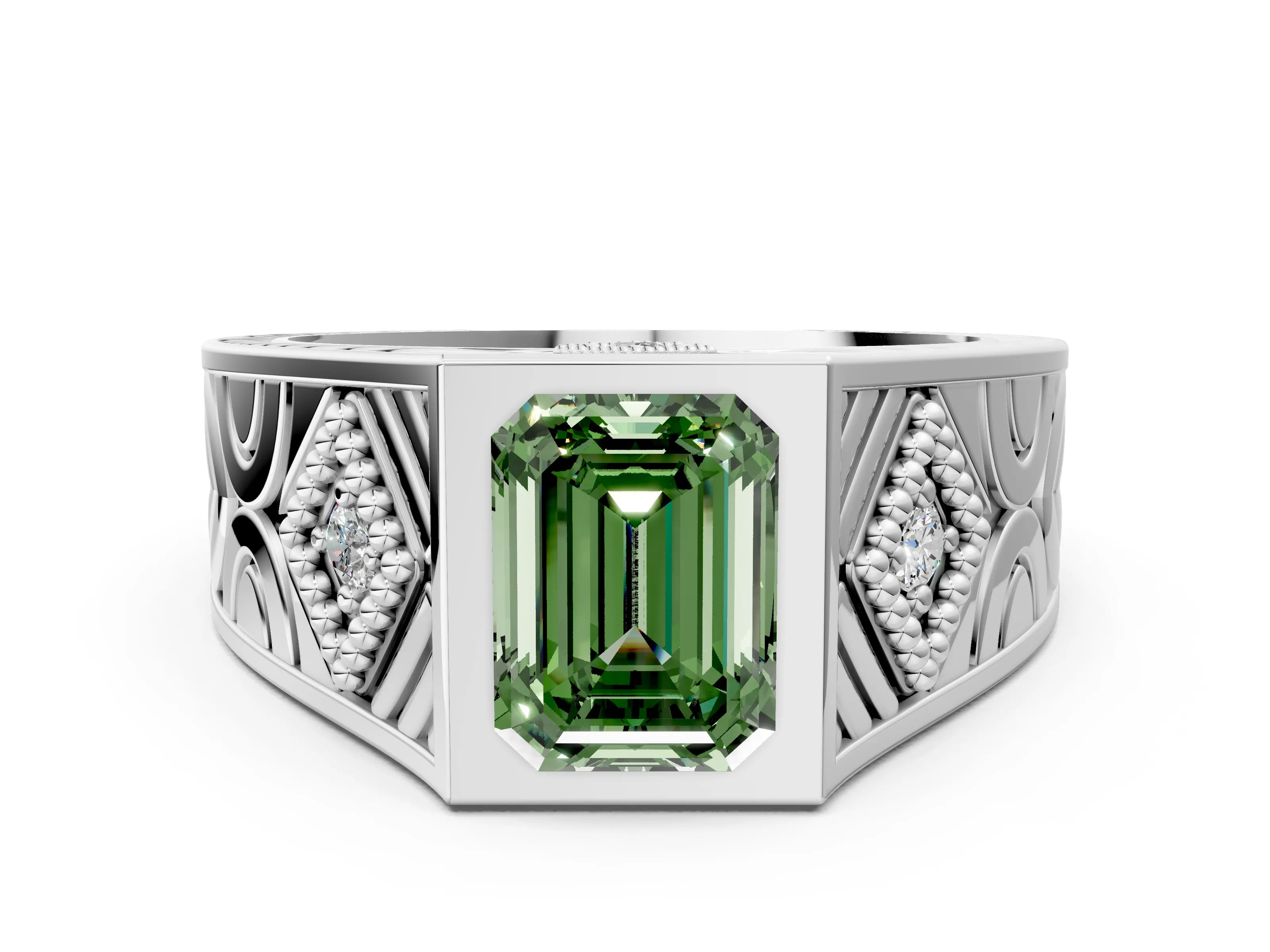 Silver Hexagonal Bezel Fancy Green Emerald Cut Diamond Engraved Band Prong Ring_6