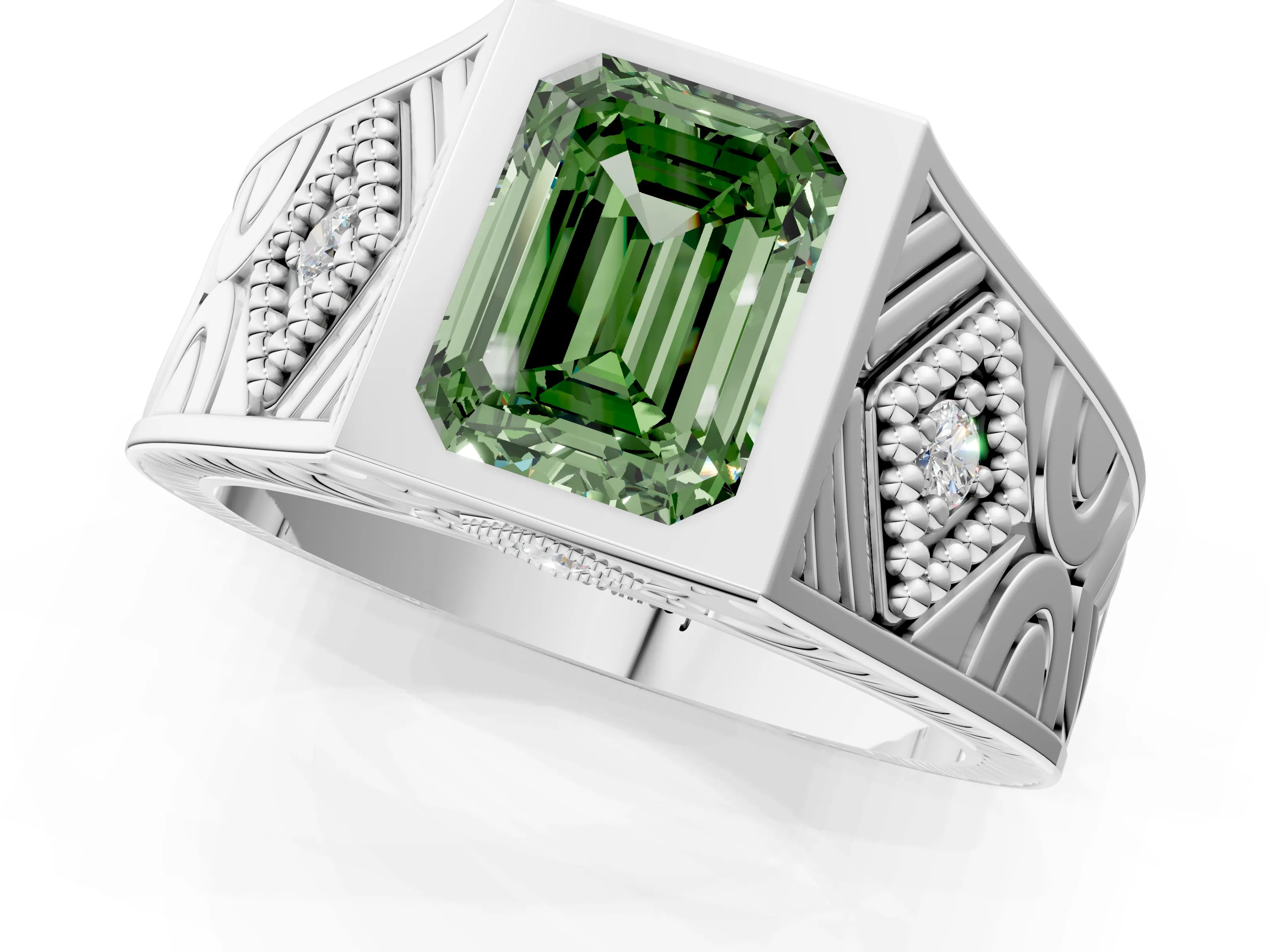 Silver Hexagonal Bezel Fancy Green Emerald Cut Diamond Engraved Band Prong Ring_7