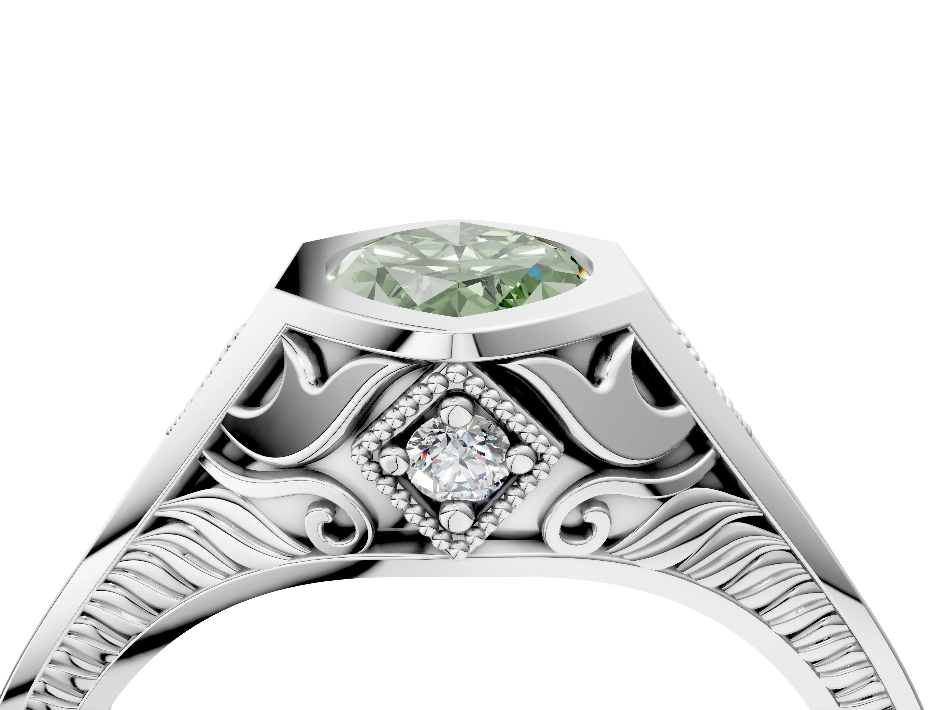 Silver Hexagonal Bezel Fancy Green Marquise Cut Diamond Engraved Band Prong Ring_64
