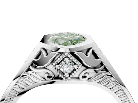 Silver Hexagonal Bezel Fancy Green Marquise Cut Diamond Engraved Band Prong Ring_64