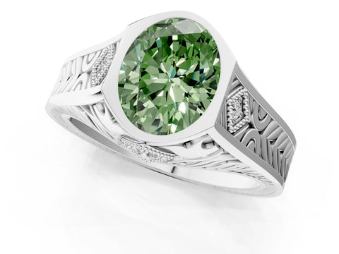 Silver Hexagonal Bezel Fancy Green Oval Cut Diamond Engraved Band Prong Ring_13