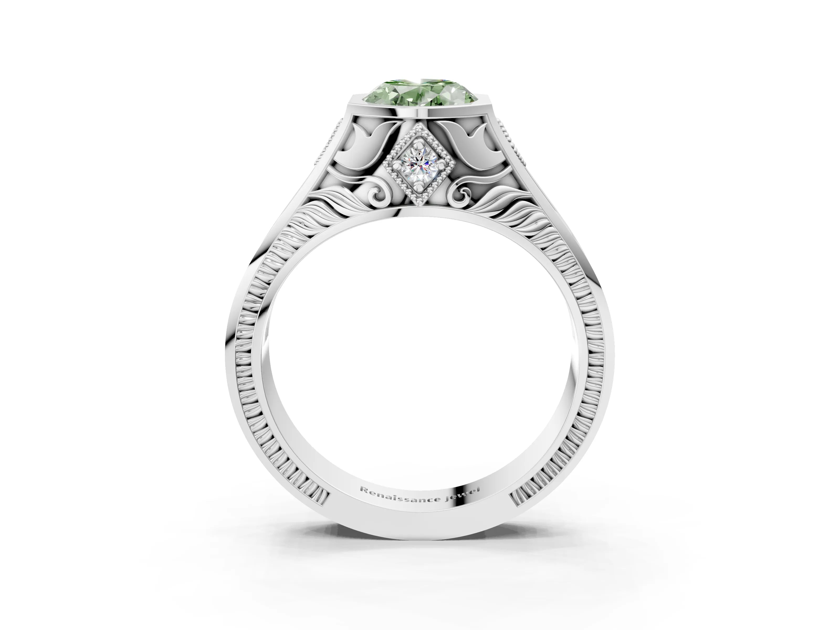 Silver Hexagonal Bezel Fancy Green Oval Cut Diamond Engraved Band Prong Ring_15