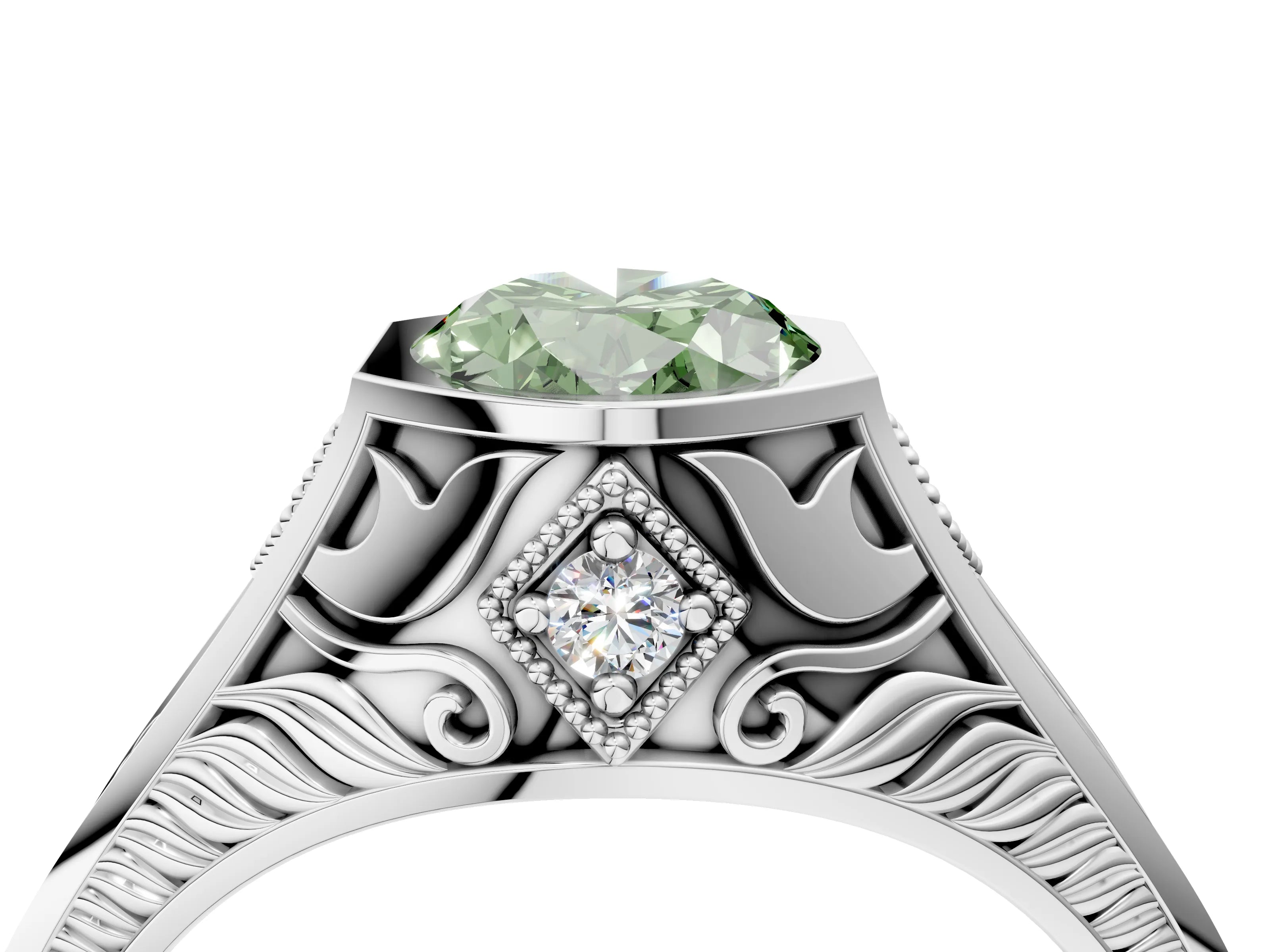 Silver Hexagonal Bezel Fancy Green Oval Cut Diamond Engraved Band Prong Ring_16