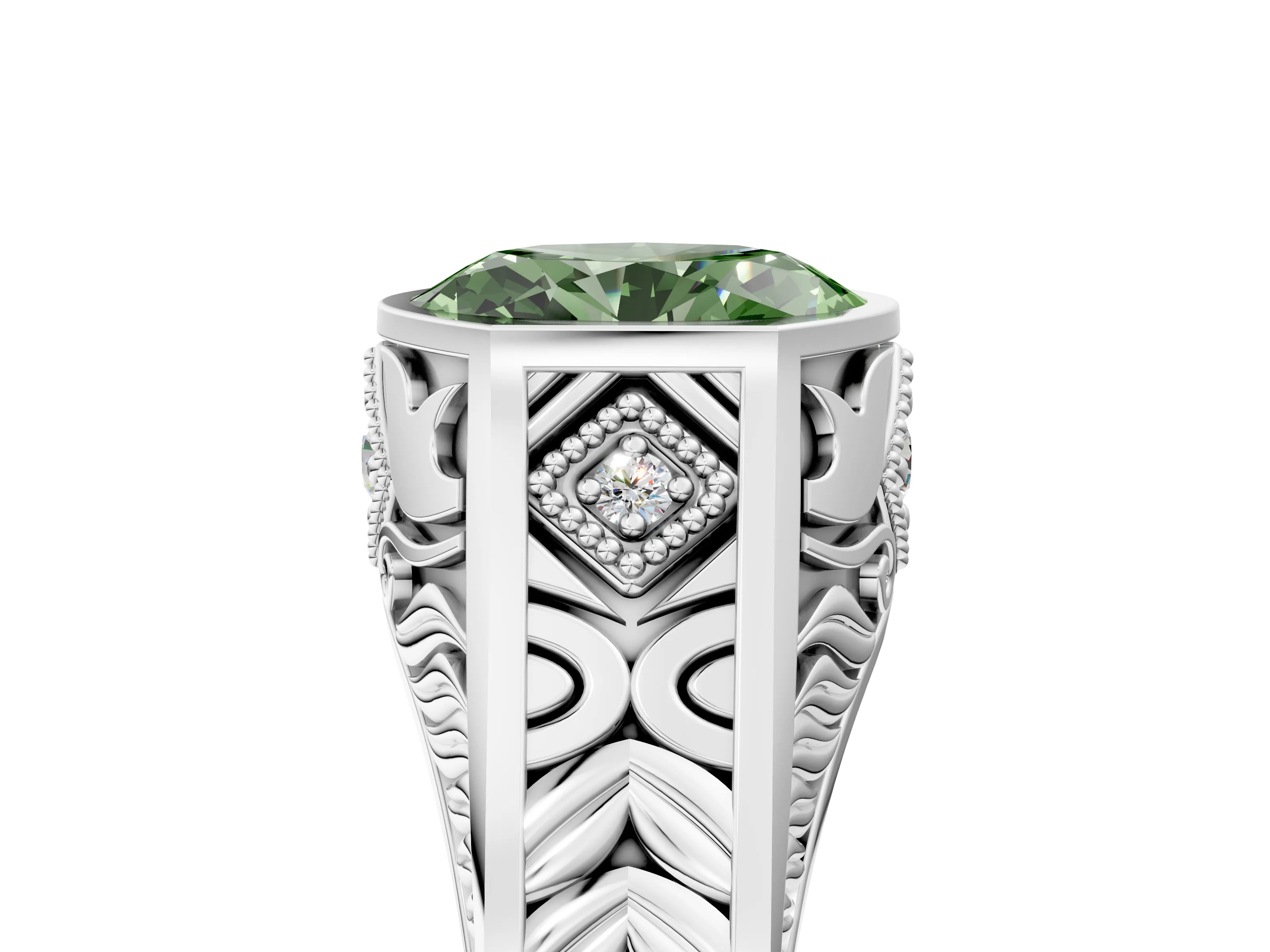 Silver Hexagonal Bezel Fancy Green Oval Cut Diamond Engraved Band Prong Ring_17