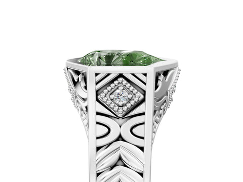 Silver Hexagonal Bezel Fancy Green Pear Cut Diamond Engraved Band Prong Ring_11