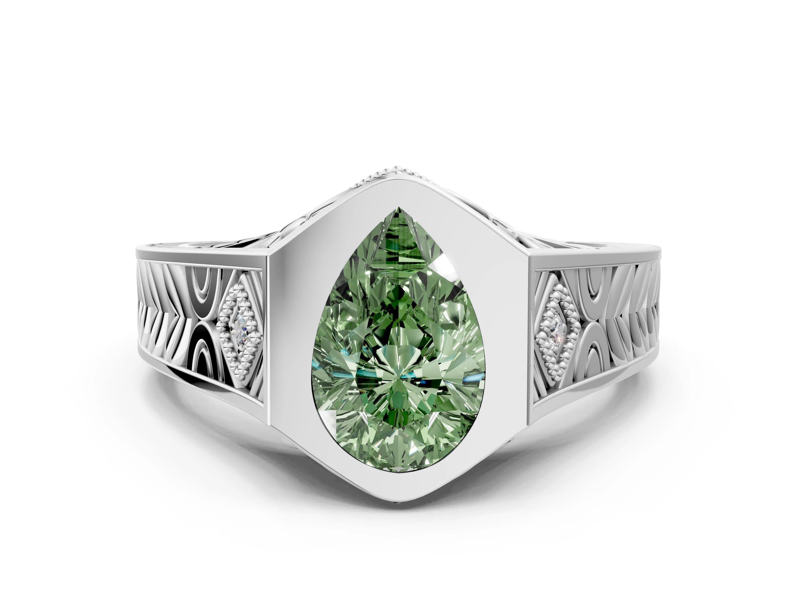 Silver Hexagonal Bezel Fancy Green Pear Cut Diamond Engraved Band Prong Ring_6